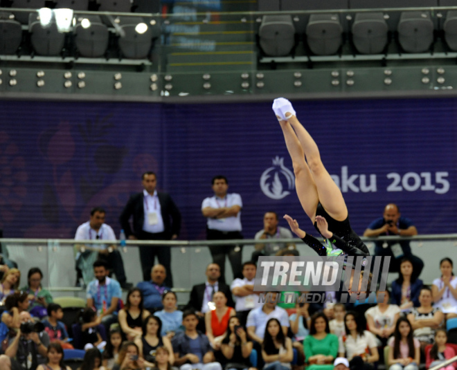 Bakı-2015 Avropa Oyunları çərçivəsində batut gimnastikası üzrə kişilər və qadınlar arasında təsnifat yarışları. Azərbaycan, 17 iyun 2015 